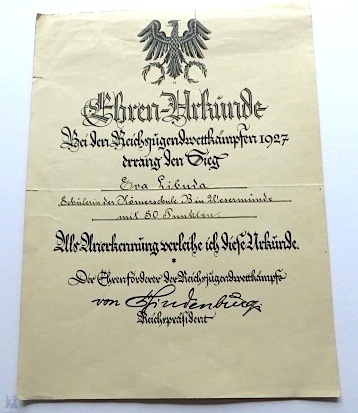 Ehrenurkunde bei den Reichsjugendkämpfen 1927, Original