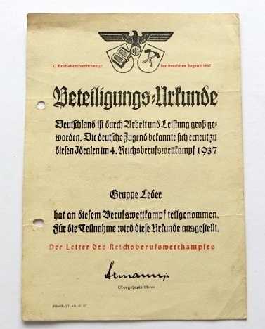 Beteiligungsurkunde im Reichsberufswettkampf 1937, III. Reich, Original