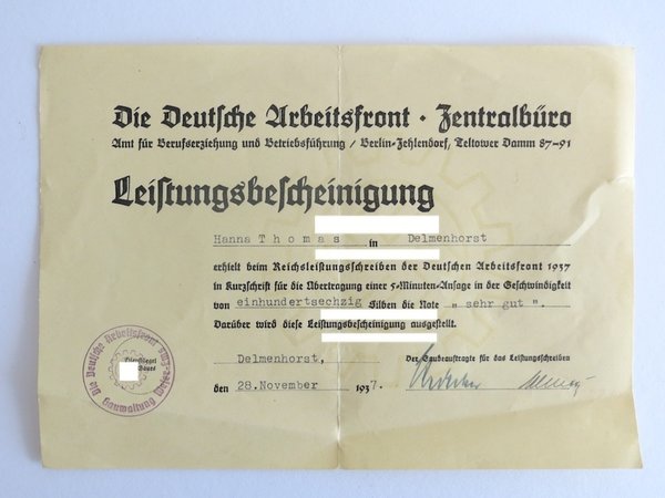 Leistungsbescheinigung, Deutsche Arbeitsfront, 2. Weltkrieg, Original