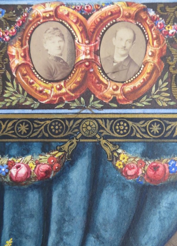 Prachtvolle Schmuckurkunde, Hochzeitstag Jubiläum, 1887, handgemacht