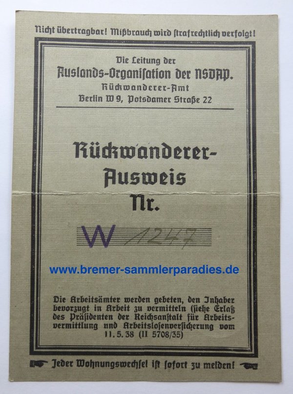 Rückwandererausweis, Auslandsorganisation der NSDAP, III. Reich, Original
