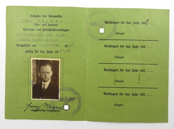 Ausweiskarte für den Hauptvertreter zur Reichszeitschriftenkonferenz, III. Reich, Original