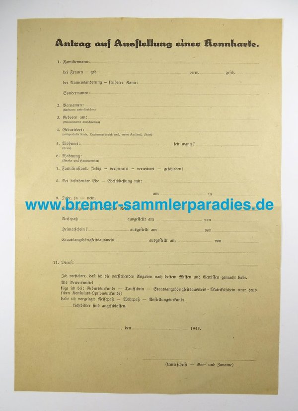 Antrag auf Austellung einer Kennkarte, in blanko, Din 4, III. Reich, Original