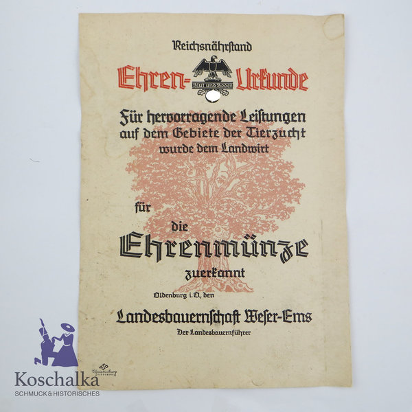 Große Ehrenurkunde in blanko, Reichsnährbund, III. Reich, Original
