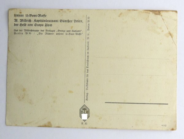 Postkarte "Unsere U-Boot Waffe" Kapitänleutnant Günther Prien, III. Reich, Original
