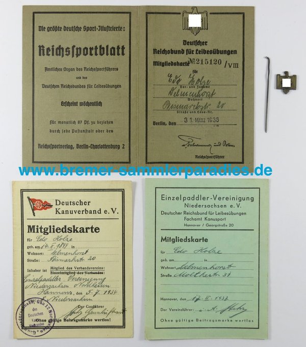 Deutscher Reichsbund für Leibesübungen, Mitgliedskarte, div. Dokumente und Mitgliedsnadel, III.Reich