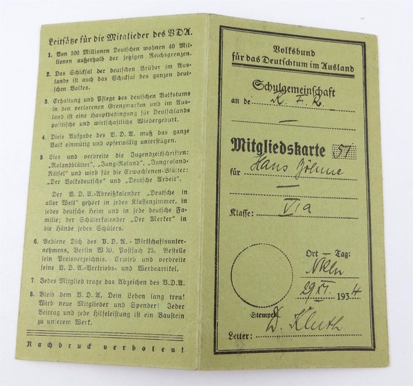 Mitgliedskarte Volksbund für das Deutschtum im Ausland, III. Reich, Original