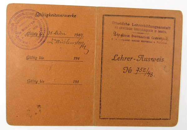 Ausweis der staatlichen Lehrerbildungsanstalt, besetzte Gebiete, III. Reich, Original