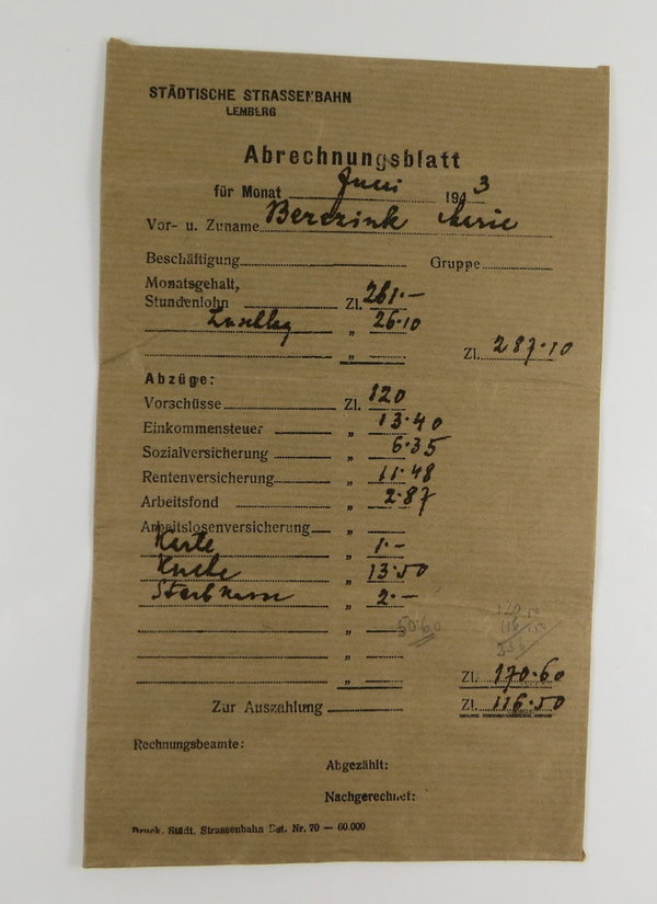 Abrechnungsblatt Städtische Strassenbahn Lemberg, besetzte Gebiete, III.Reich, Original