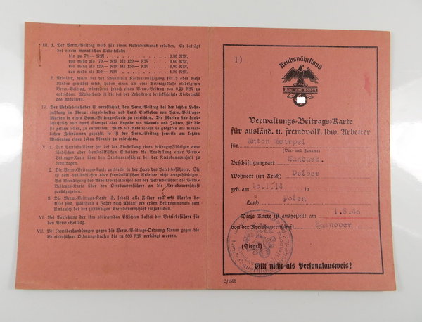 Reichsnährstand, Beitragskarte für ausländ. u. fremdvölk. ldw. Arbeiter, III. Reich, Original