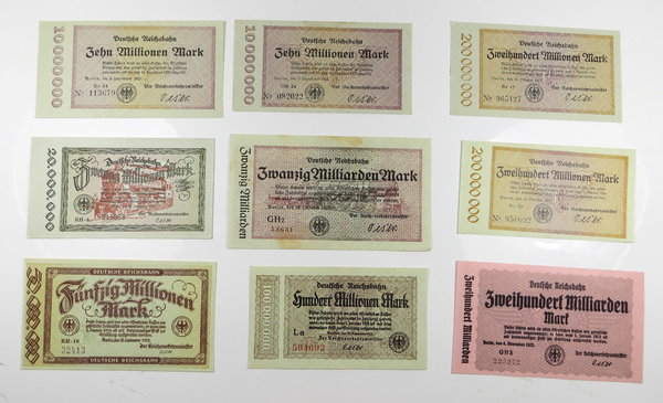 Inflation Reichsbahn, Banknoten Lot 9 Stk., 1923, Original