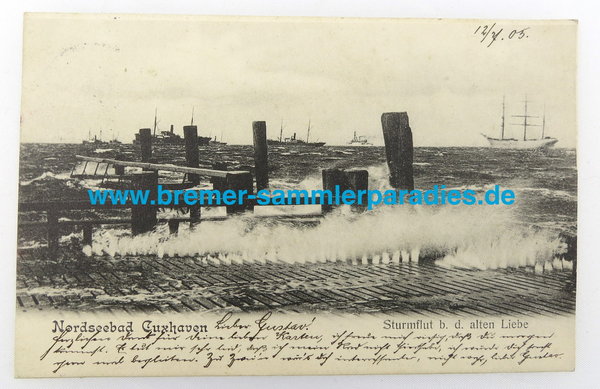 Postkarte Nordseebad Cuxhaven Sturmflut b. d. alten Liebe, gelaufen, Original
