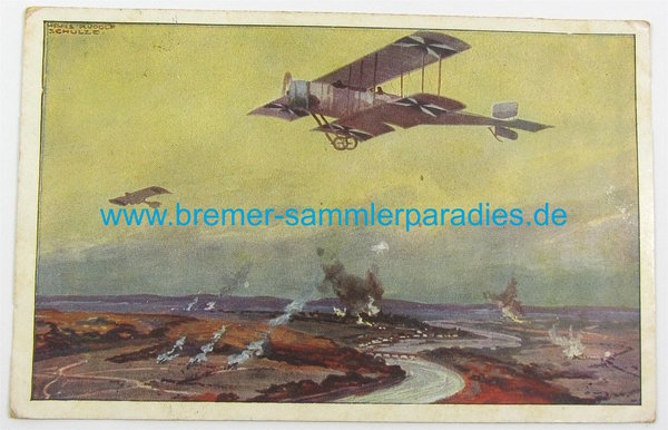 Postkarte Militärdoppeldecker auf Erkundungsflug an der Warme, gelaufen, Original