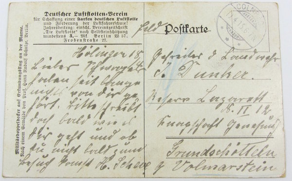 Postkarte Militärdoppeldecker auf Erkundungsflug an der Warme, gelaufen, Original