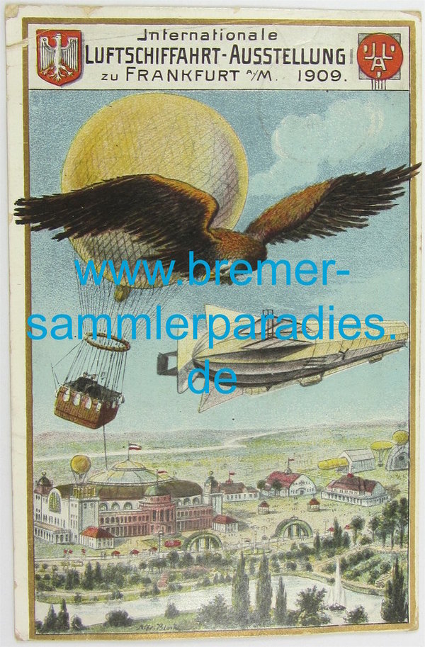 Postkarte Internationale Luftschiffahrt-Ausstellung zu Frankfurt a.M. 1909, gelaufen, Original