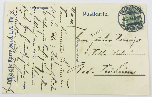 Postkarte Intern. Luftschiffahrt-Ausstellung Exposition Aeronautique F.a.M. 1909, gelaufen, Original