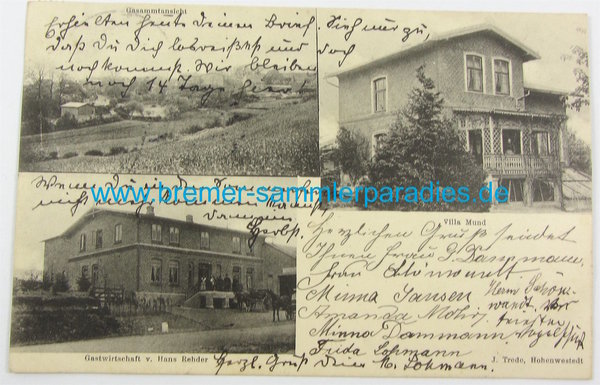 Postkarte Gasammtansicht, Villa Mund, Gastwirtschaft, J. Trede, Hohenwestedt, gelaufen, Original