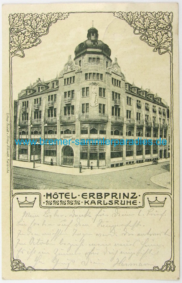 Postkarte Hotel Erbprinz Karlsruhe, gelaufen, Original