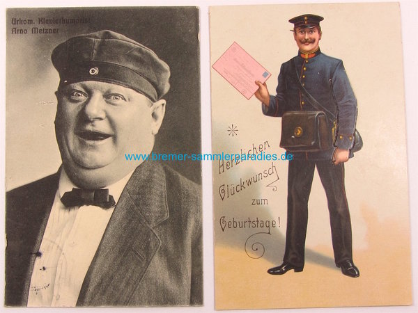 Zwei Postkarten, Klavierhumorist Arno Metzner, Herzl. Glückwunsch zum Geb., gelaufen, Original