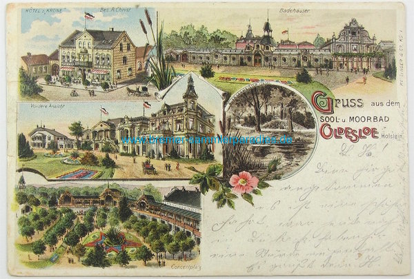 Postkarte Gruss aus dem Sool- und Moorbad Oldesloe, Holstein, gelaufen, Original