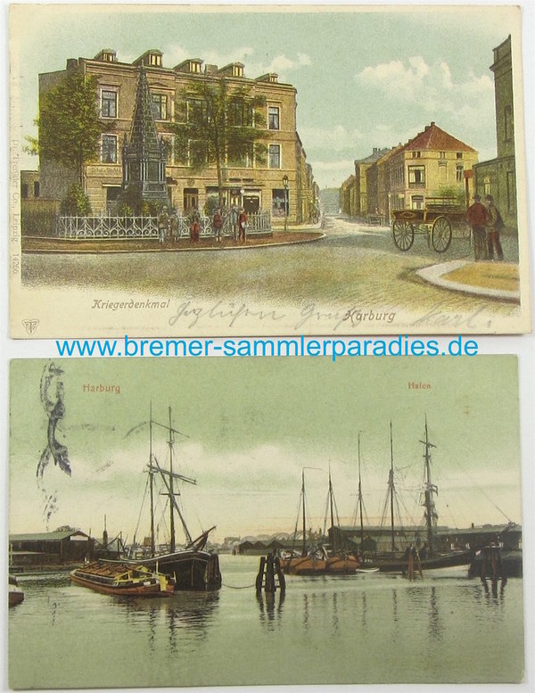 Lot mit 2 Postkarten, Boote im Hafen, Kriegerdenkmal Harburg, gelaufen, Original