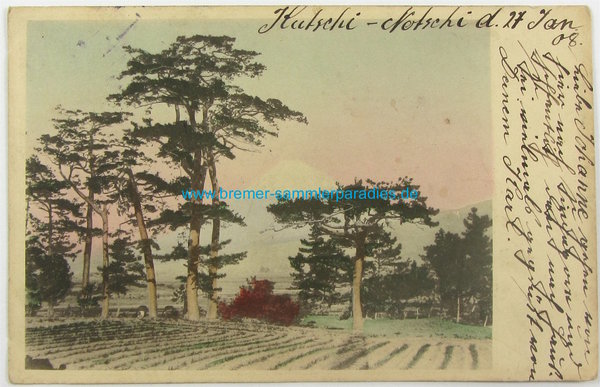 Postkarte Japan Landschaft mit Fujiyama im Hintergrund, gelaufen, Original