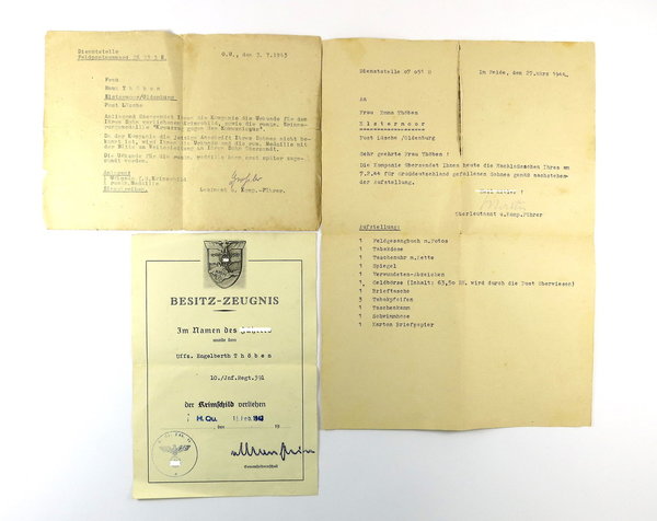Kleine Dokumentengruppe aus dem Nachlass eines Uffz. des 10/Inf.Regt.391, 2. Weltkrieg, Original