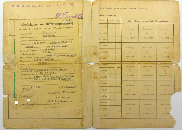 Arbeitskarte polnischer Arbeitskräfte aus dem Generalgouvernement Polen, III. Reich, Original