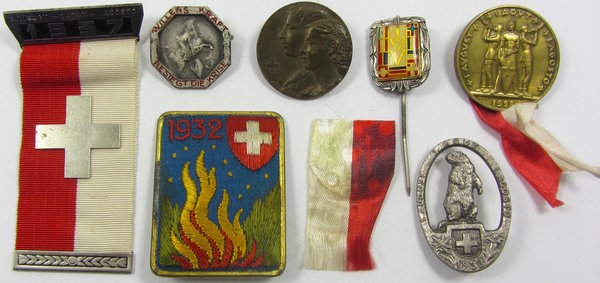 Schweiz, Lot mit sieben diversen Abzeichen und Pins, Original