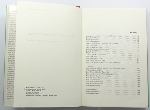 Die Vaterländische Front, Geschichte und Organisation, 1971, 240 Seiten