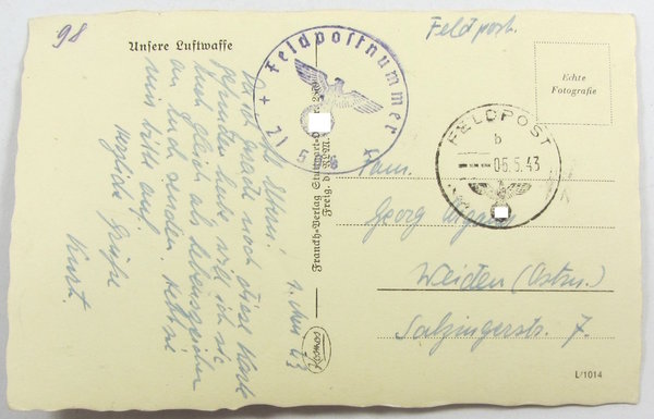 Postkarte Unsere Luftwaffe, gelaufen, III. Reich, Original