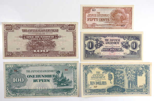 Fünf Banknoten, Japanische Besetzung u.a. Burma (1942-44)