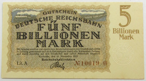 5 Billionen Mark Banknote, Reichsdirektion Karlsruhe, 15.10.1923
