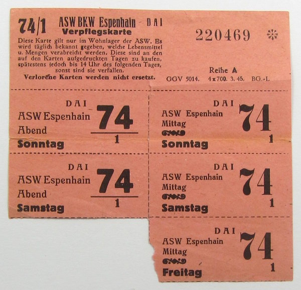 Verpflegungskarte ASW BKW Espenhain, III. Reich, Original