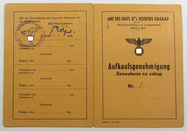 Ankaufsgenehmigung für Eier, Distrikt Krakau, besetzte Gebiete, III. Reich, Original