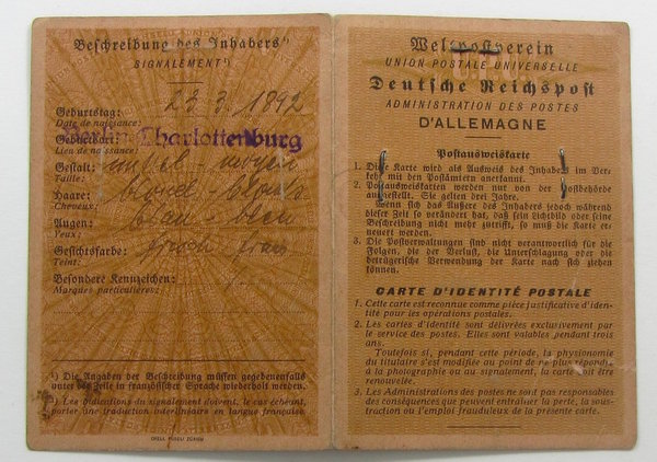 Postausweiskarte der Deutschen Reichspost, III. Reich, Original