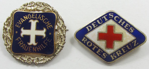 Zwei Abzeichen Deutsches Rotes Kreuz und Evangelische Frauenhilfe