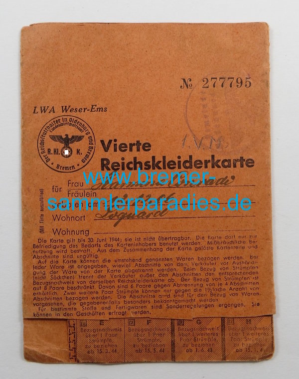 Vierte Reichskleiderkarte, III. Reich, Original