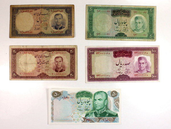 Iran, Persien, Schah Pahlavi, Lot aus 5 Banknoten, Erh. 1- bis 3-
