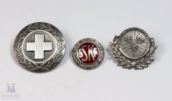 Schweden, drei antike schwedische Abzeichen, 900er Silber, um 1920/30