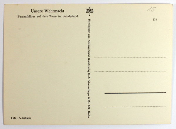 Postkarte, Unsere Wehrmacht, Fernaufklärer auf dem Wege in Feindesland, III. Reich, Original