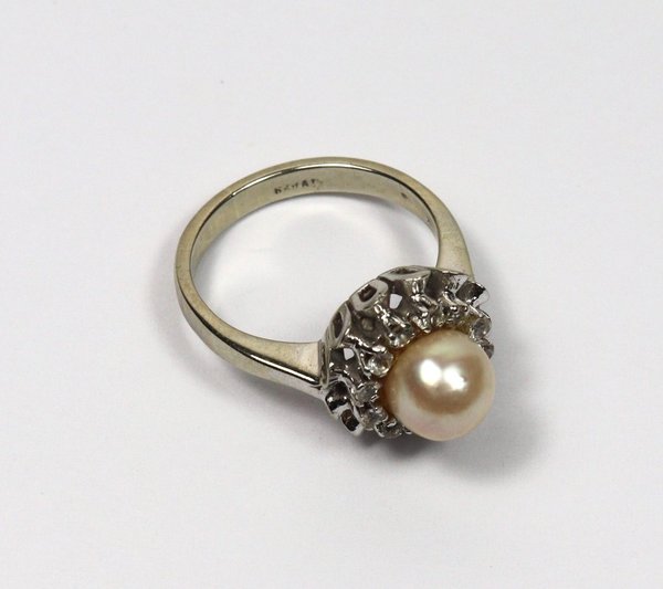 Vintage 750er Weißgold Ring mit Akoya Perle und Zirkonia, Gr. 48,5