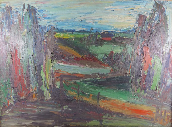 Abstraktes Ölgemälde mit Landschaft um 1976, unsigniert