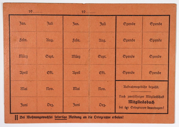 Mitgliedskarte der Volkswohlfahrt, III. Reich, Original