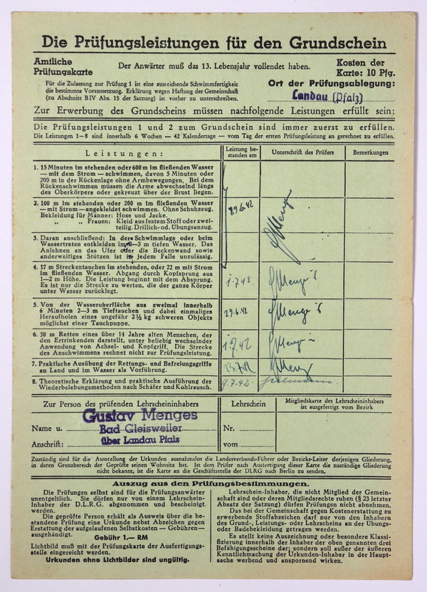 Prüfungskarte für den Grundschein der DLRG, III. Reich, Original
