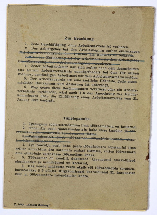 Estland, besetzte Gebiete, Arbeitsausweis, III. Reich, Original
