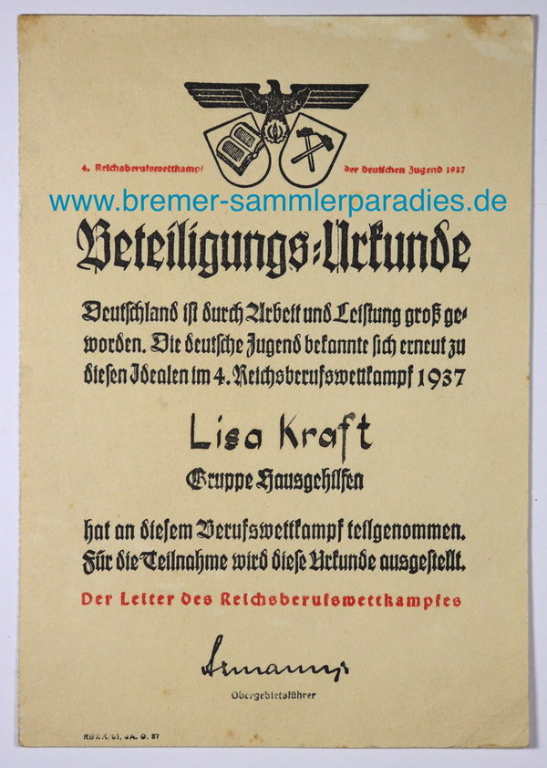 Reichsberufswettkampf, Beteiligungs-Urkunde 1937, III. Reich, Original