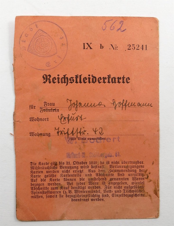 Reichskleiderkarte ohne Marken, III. Reich, Original
