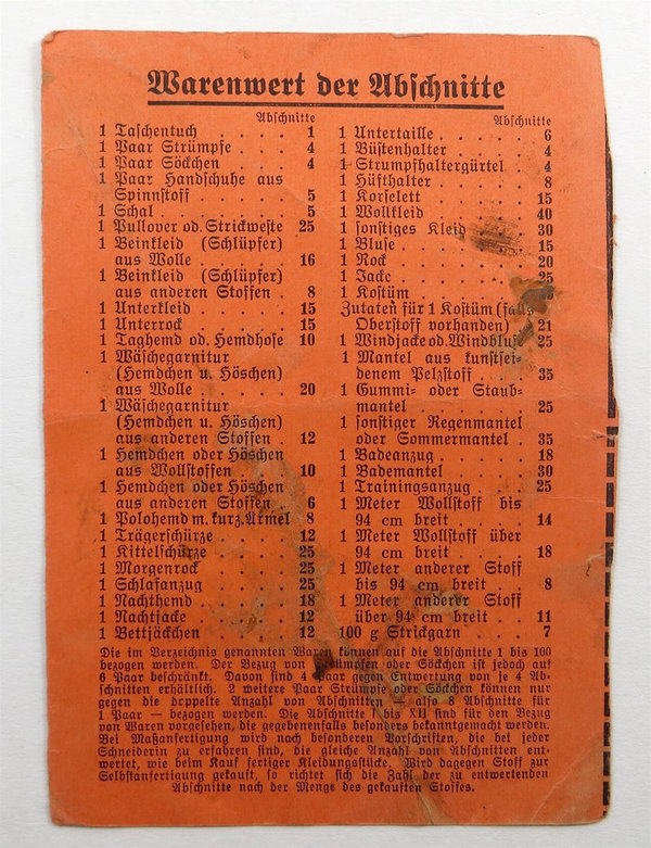 Reichskleiderkarte ohne Marken, III. Reich, Original