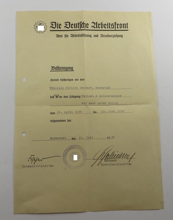 Deutsche Arbeitsfront Bescheinigung über erfolgreiche Teilnahme am Lehrgang, III. Reich, Original